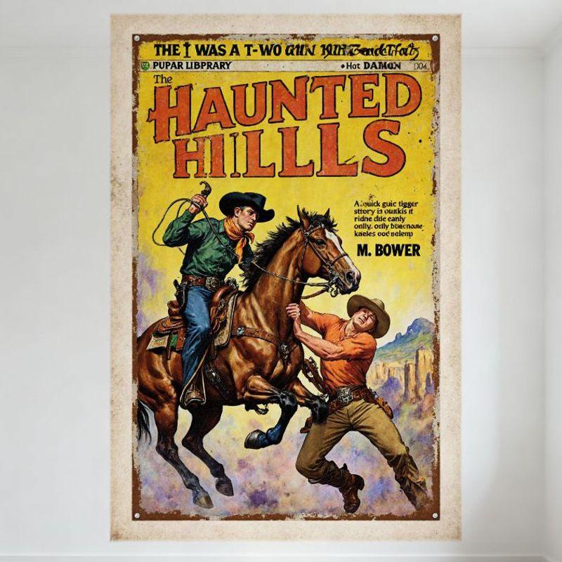 Винтажная жестяная вывеска 'The Haunted Hills' Pulp Magazine Cover - Ковбой и Лошадь Вестерн Арт Металлический Плакат для Бара Паба Домашнего Декора