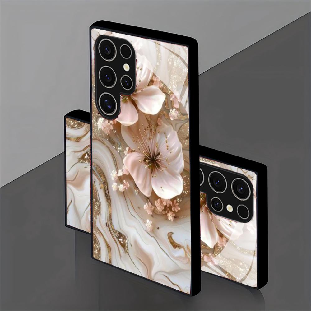 Стеклянный чехол для телефона с текстурой цветка для Samsung Galaxy S26 S25 S24 S22 S23 Ultra S21 S20 Plus 5G Матовый Нескользящий Полное покрытие