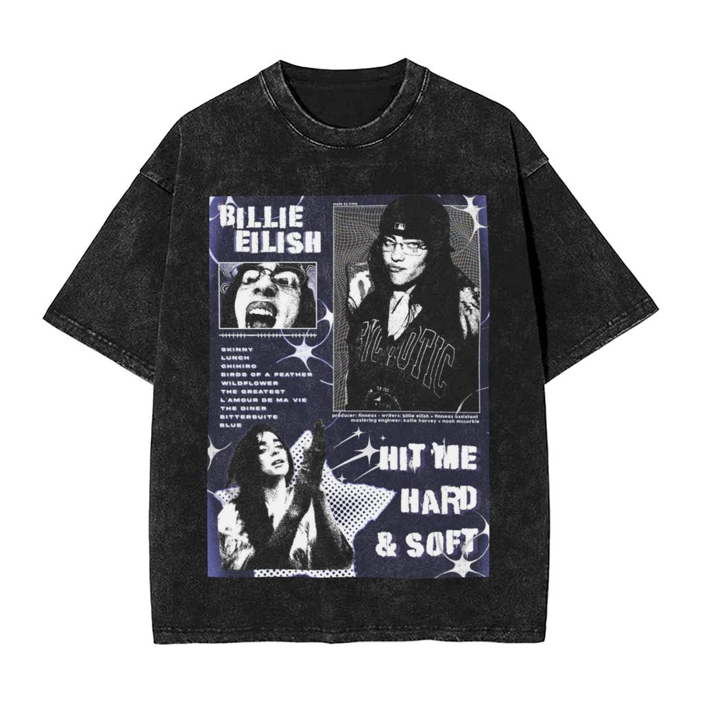 Singer BBillieGirl Eeilish Music Vintage Washed T Shirt Unisex Cotton Clothes Printed Round Neck Short Sleeve