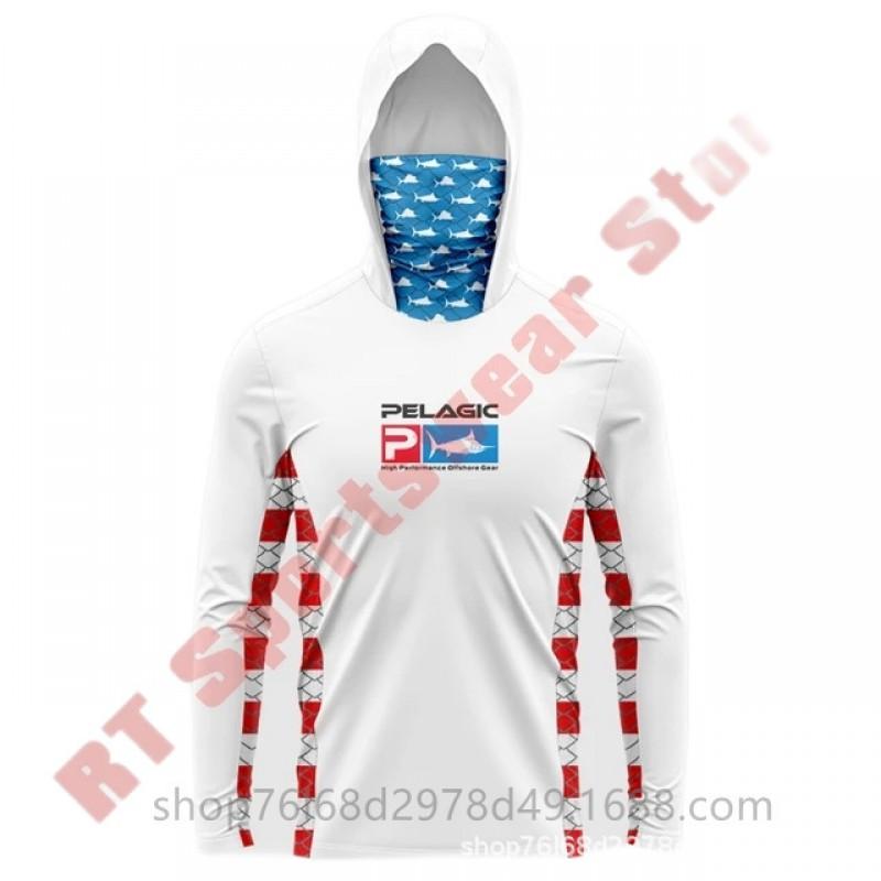 Mens Quick-Dry Ice Silk Long Sleeve Fishing Shirt UPF50 Sun Protection Hooded Tee With Integrated Face Cover