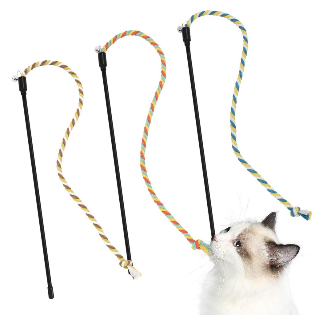 SONGWAY Cat Teaser, Popular Cat Toy with Cotton String, Durable, Stress Relief, 3 Pieces In 3 Colors