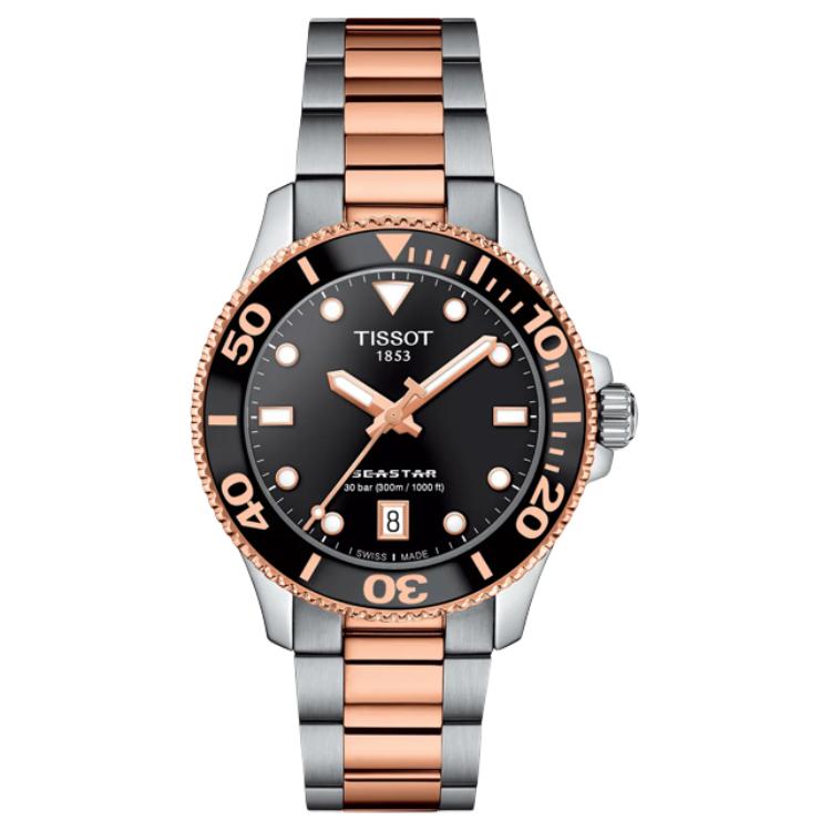 Tissot SEASTAR Кварцевый механизм 300 метров Водонепроницаемость Унисекс Часы 36 мм Черный циферблат Корпус из нержавеющей стали T120.210.22.051.01