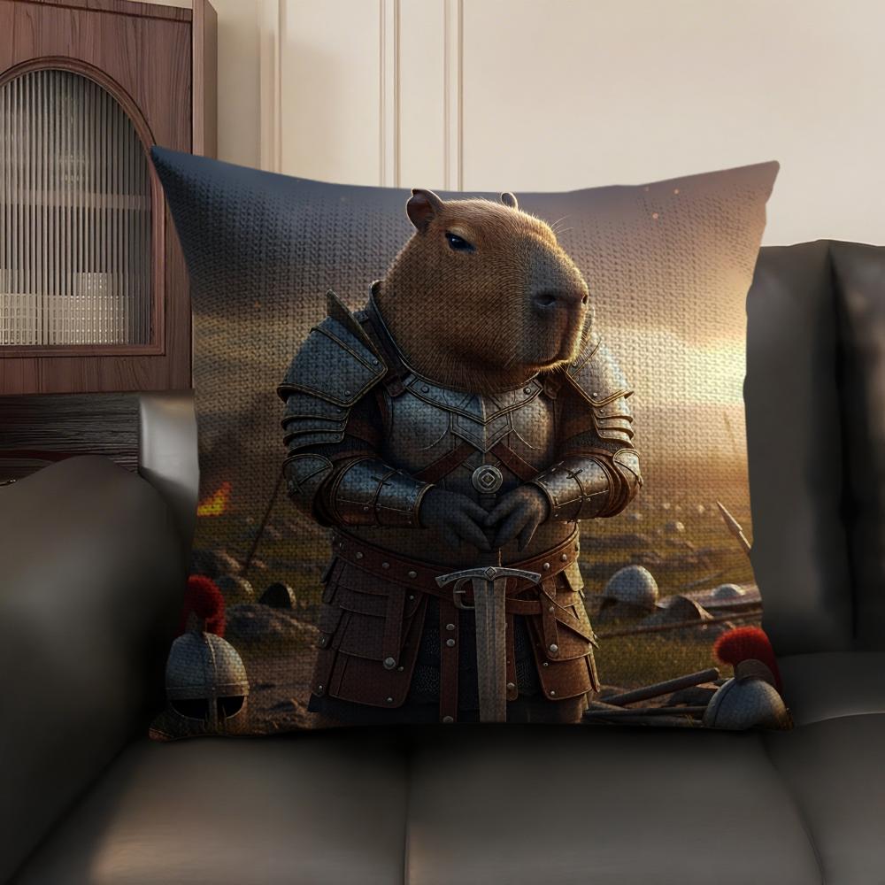 Samurai knight Capibara Cushion Cover Natural Linen Organic Fabric DoubleSided Printing Sofa Home Decor Gift Pillow Case