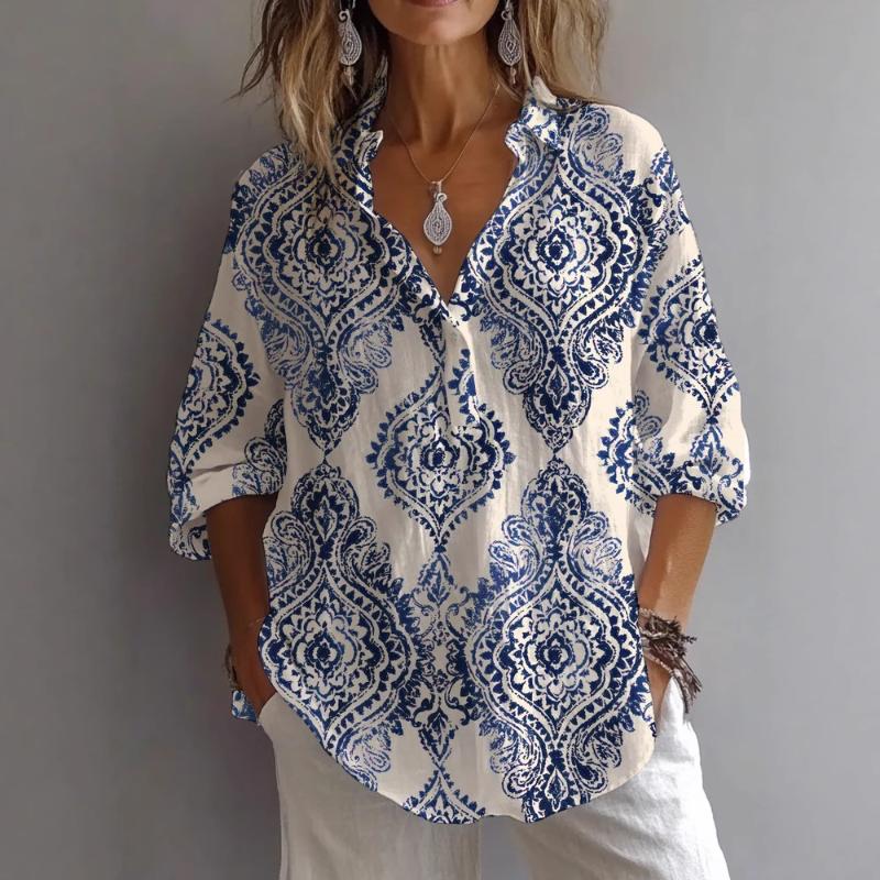 2025 Новая женская повседневная рубашка с длинным рукавом, воротником-стойкой, обычного кроя, с цифровым принтом