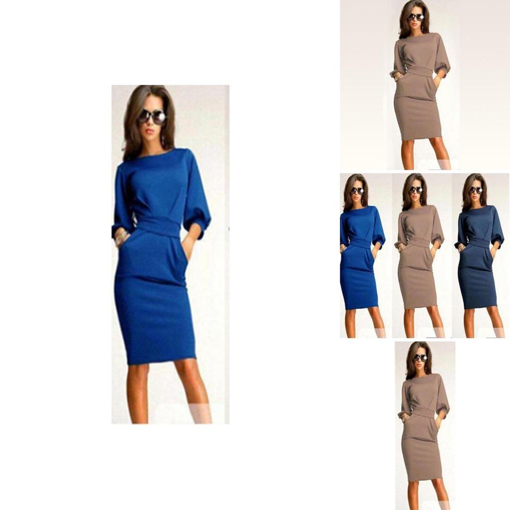Элегантное Женское Модное Сексуальное Платье-Коктейль Bodycon с Пятым Рукавом, Круглым Вырезом и Карманом