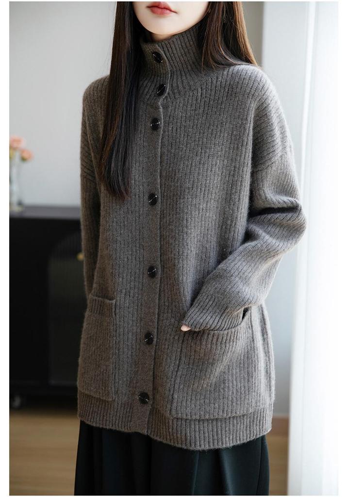 Autumn Winter 2025 Korean-Style Pure Wool Mid-Length Pocket Knit Cardigan for Women - Versatile, Thickened, Lazy Style Sweater Coat