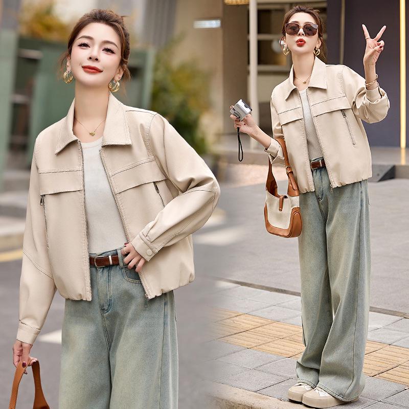 Женская модная куртка из ПУ кожи с лацканами - Коллекция Весна 2025, Короткое пальто