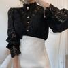 Petal Sleeve Hollow Out Flower Lace Patchwork Shirt Stand Collar Femme Blusas All-match Women Lace Blouse Button White Top 12419