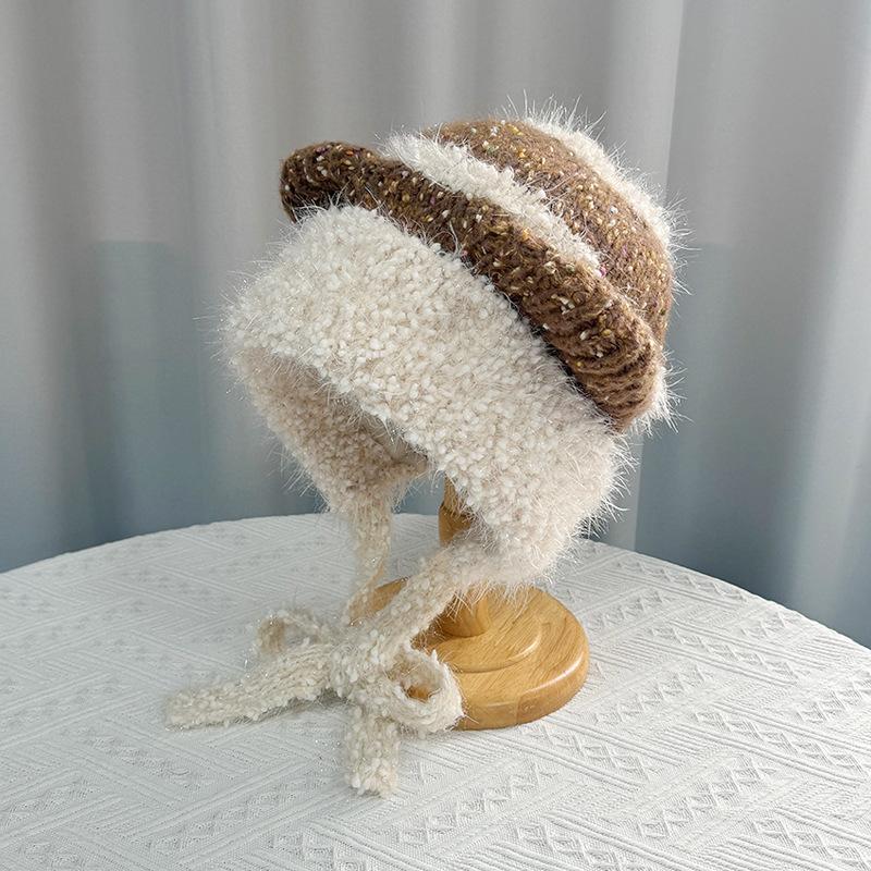 Плюшевая милая шапка с кошачьими ушками, женская зимняя теплая шапка-пуловер с защитой ушей, подчеркивающая лицо, маленькая, универсальная, модная вязаная шерстяная шапка