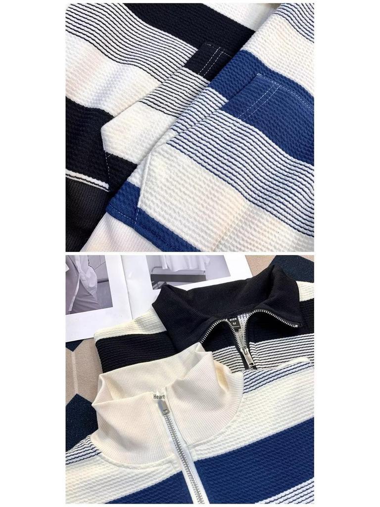 Унисекс ретро полосатая куртка свободного размера с длинными рукавами и полумолнией для осени и зимы