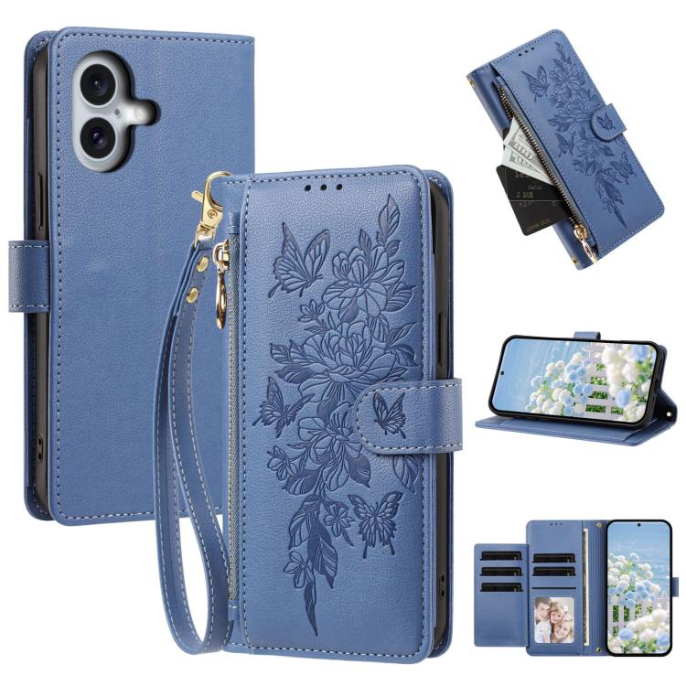 Butterfly Flower Zipper Wallet Vegan Leather Phone Case with Strap For iPhone 15 Pro Max