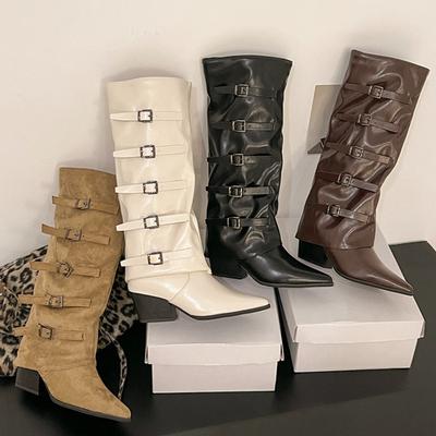 Женские высокие ботинки-рыцари с острым носком, дизайнерские туфли на платформе с пряжкой и толстым каблуком, осенне-зимние женские длинные ботильоны