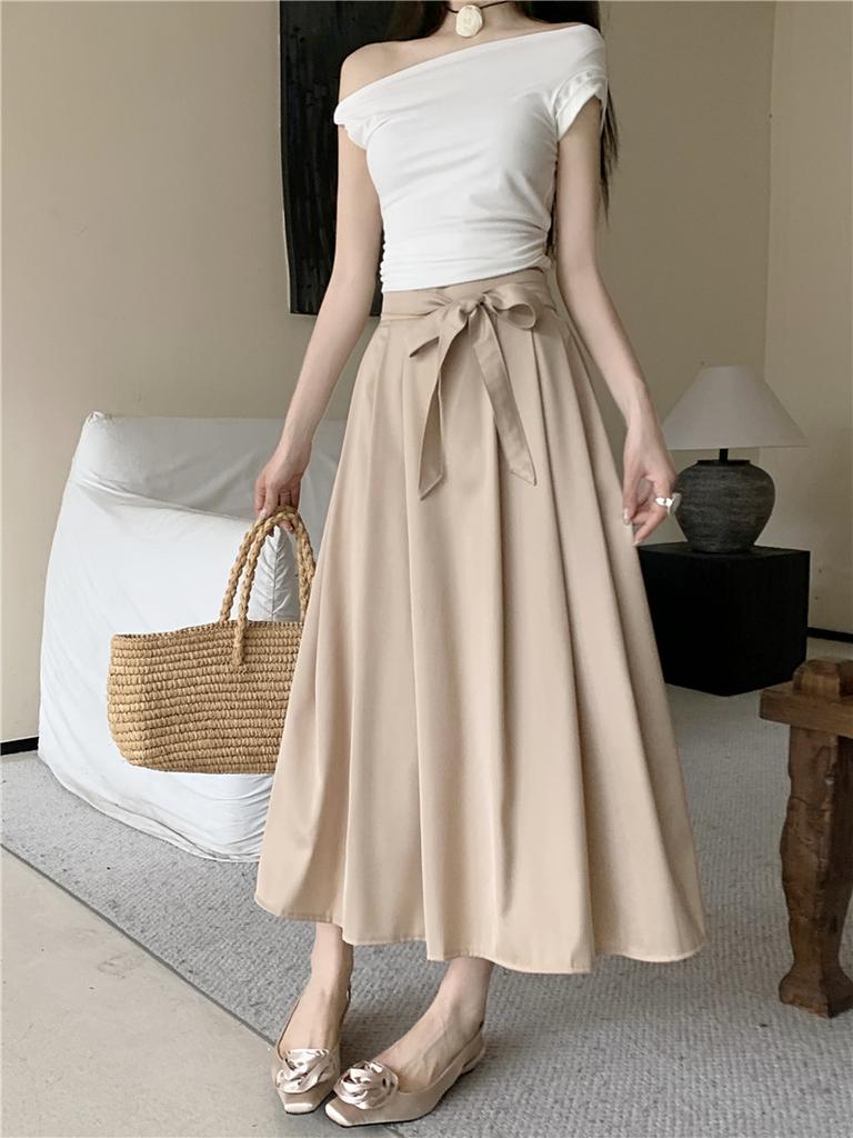 DX~~New Design Feeling Bow Tie Satin Pleated Skirt, Spring and Summer High Waisted Slim A-line Skirt