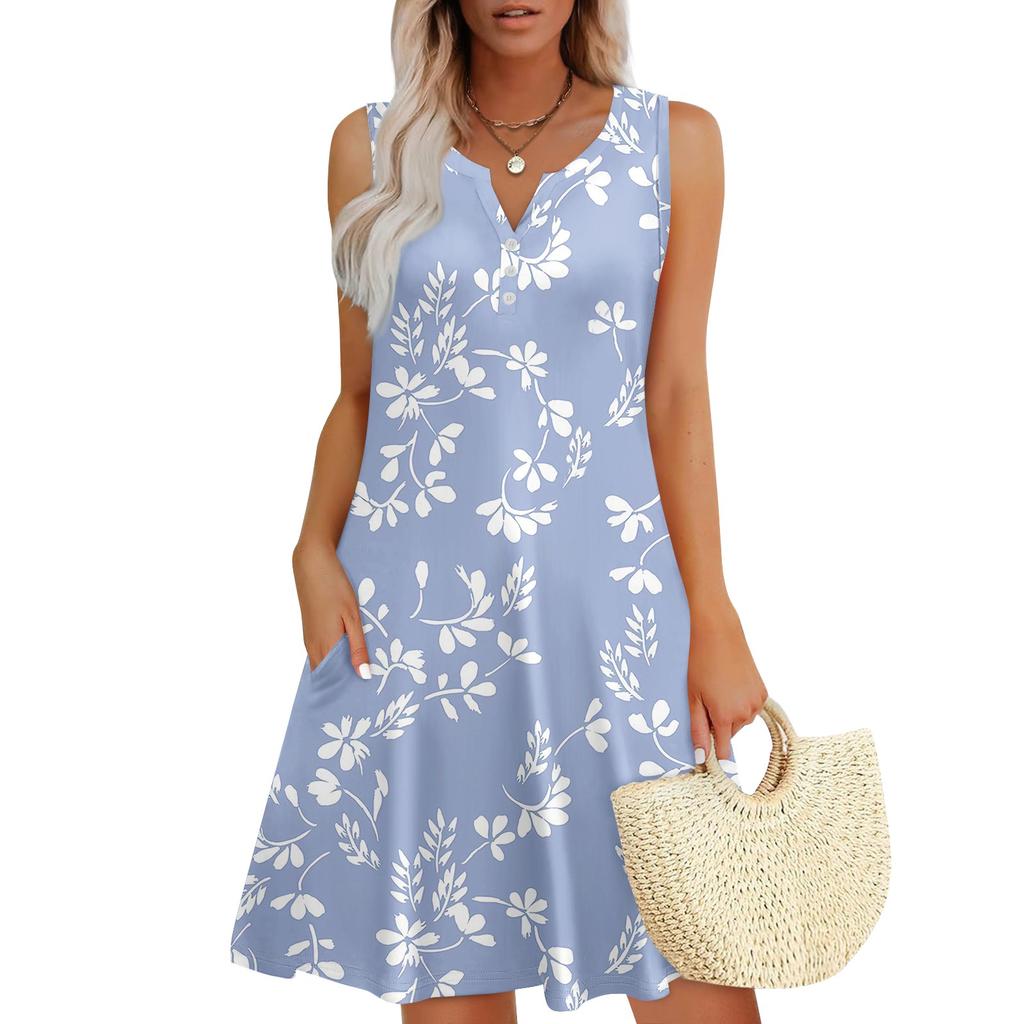 Женские летние платья Свободные сарафаны без рукавов с V-образным вырезом Платье с карманами