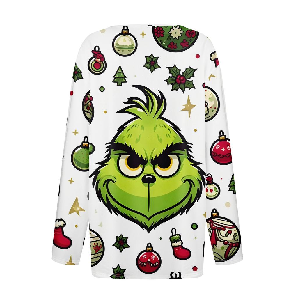 Женская футболка с рождественским принтом на пуговицах с длинным рукавом, повседневная, выходного дня, модная, базовая, с V-образным вырезом, обычная