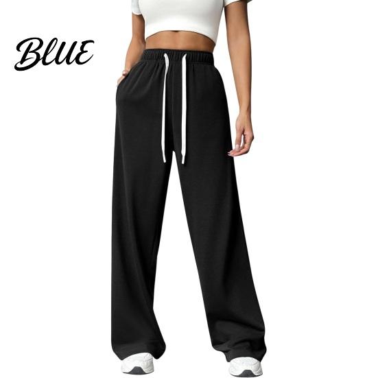Solid Color Casual Pants Women Elastic High Waist Adjustable Drawstring Straight Wide Leg Trousers with Pockets Wide-leg