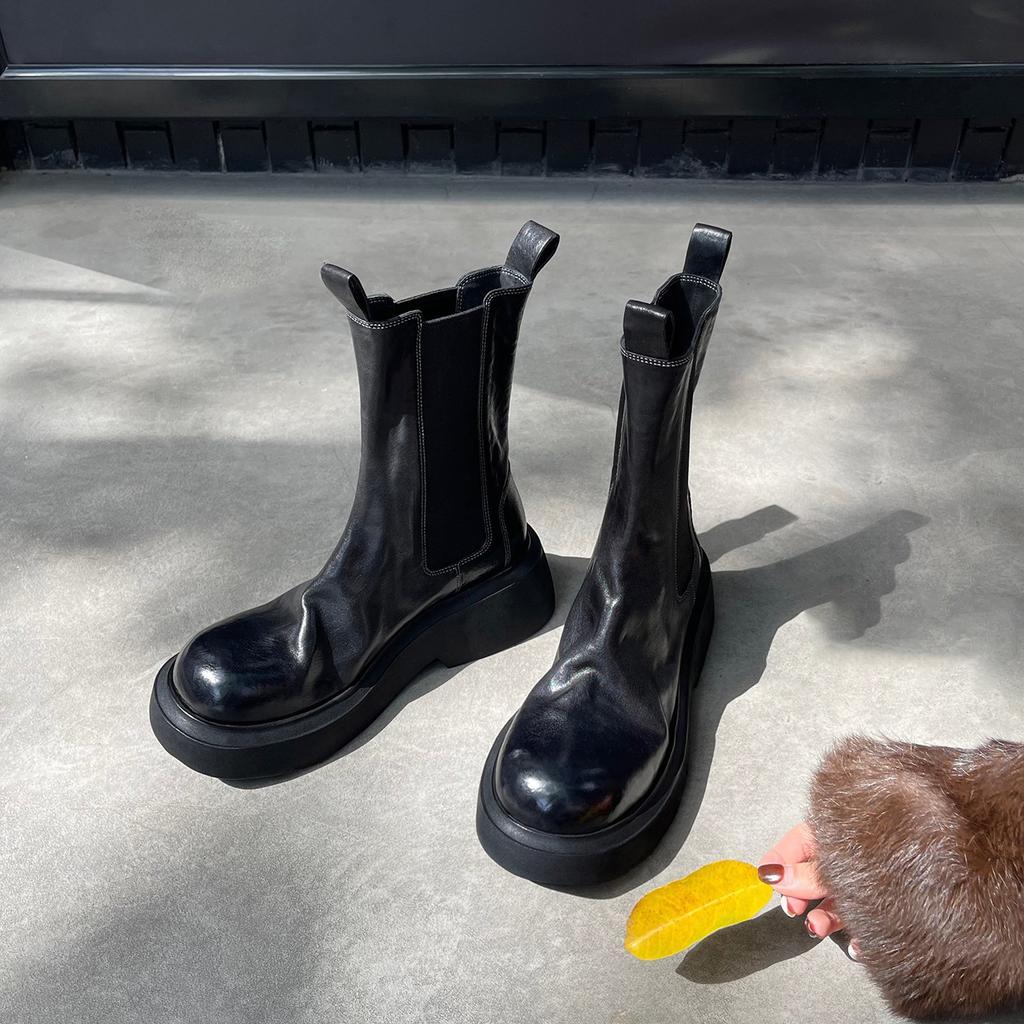 Вымытая коровья кожа ~ Натуральная кожа Толстая подошва Плиссированные полусапожки в стиле ретро Короткие женские ботинки средней длины Ботинки челси Дымчатые ботинки Ботинки Martin