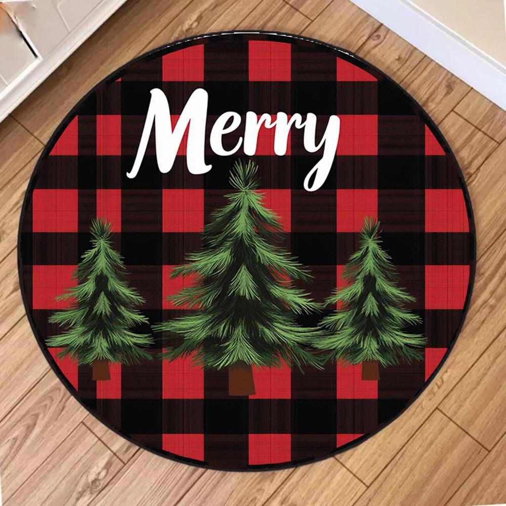 Christmas Red Checkered Round Carpet Living Room Mat Festive Red Festive Atmosphere Decorated Christmas Tree Home Rug Decoration