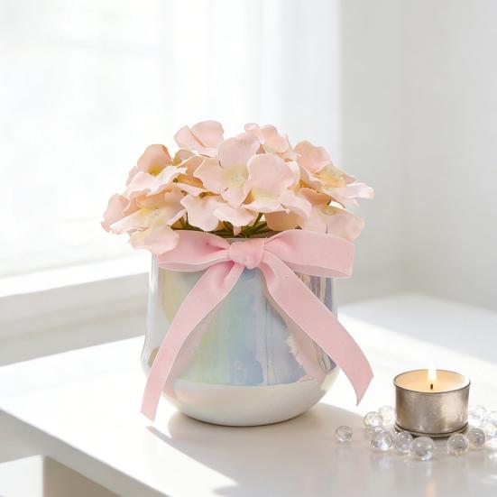 Искусственный цветок в керамической вазе с шелковым бантом Мягкая реалистичная композиция из искусственных цветов Декор для дома, рабочего стола, столешницы