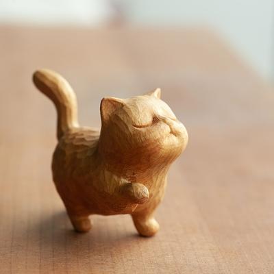 Вырезанный вручную деревянный кот, деревянная скульптура кота, коллекционная статуэтка, украшение для рабочего стола, вырезанный из самшита котенок