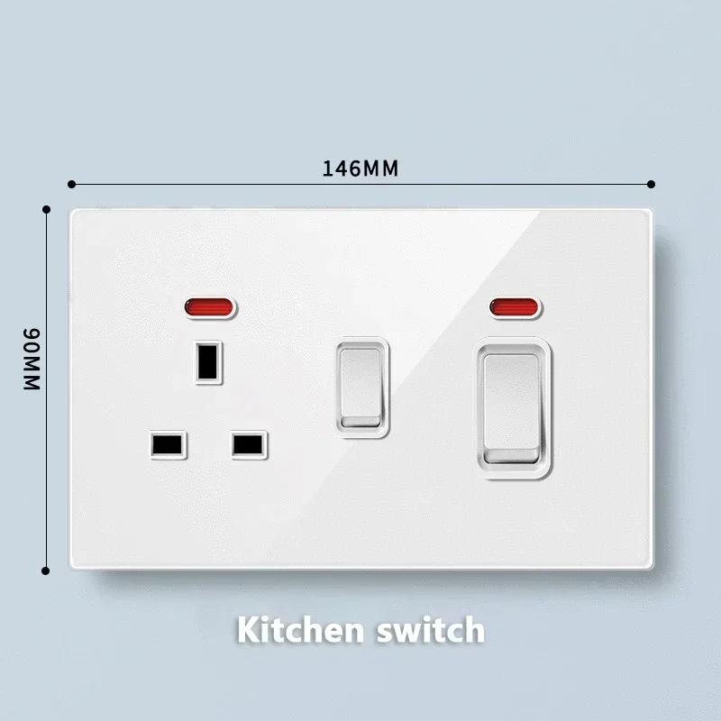 Universal Tempered Glass 20W Quick Charge USB Type-c Wall Dual 3pin Socket panel,UK 13A Wall 220V 2Way Light Switch Power Outlet
