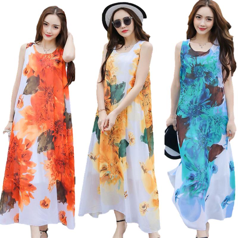 Сарафаны с рюшами и подолом, шифоновое платье без рукавов с принтом, женское L-XXXL, большие размеры, летний свободный длинный жилет до щиколотки