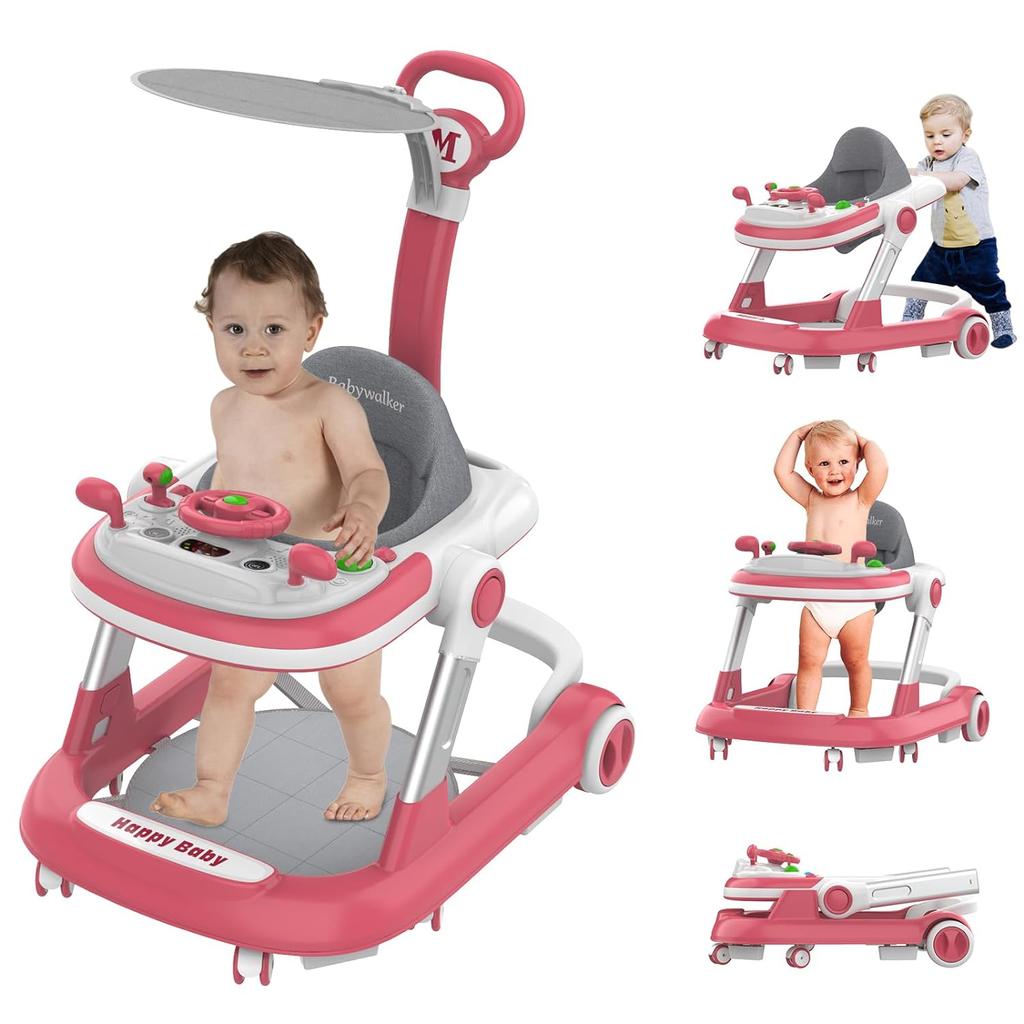 Ходунки детские со съемной игрушкой, музыкой и подсветкой, регулируемая высота, складные детские ходунки 4 в 1 с навесом, детская коляска