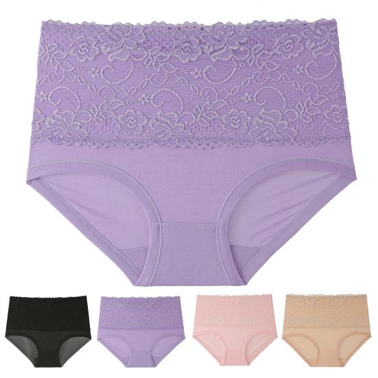 Women Briefs High Elasticity Breathable Soft Panties High Waist Solid Color Embroidery Lace Splicing Plus Size Underwear