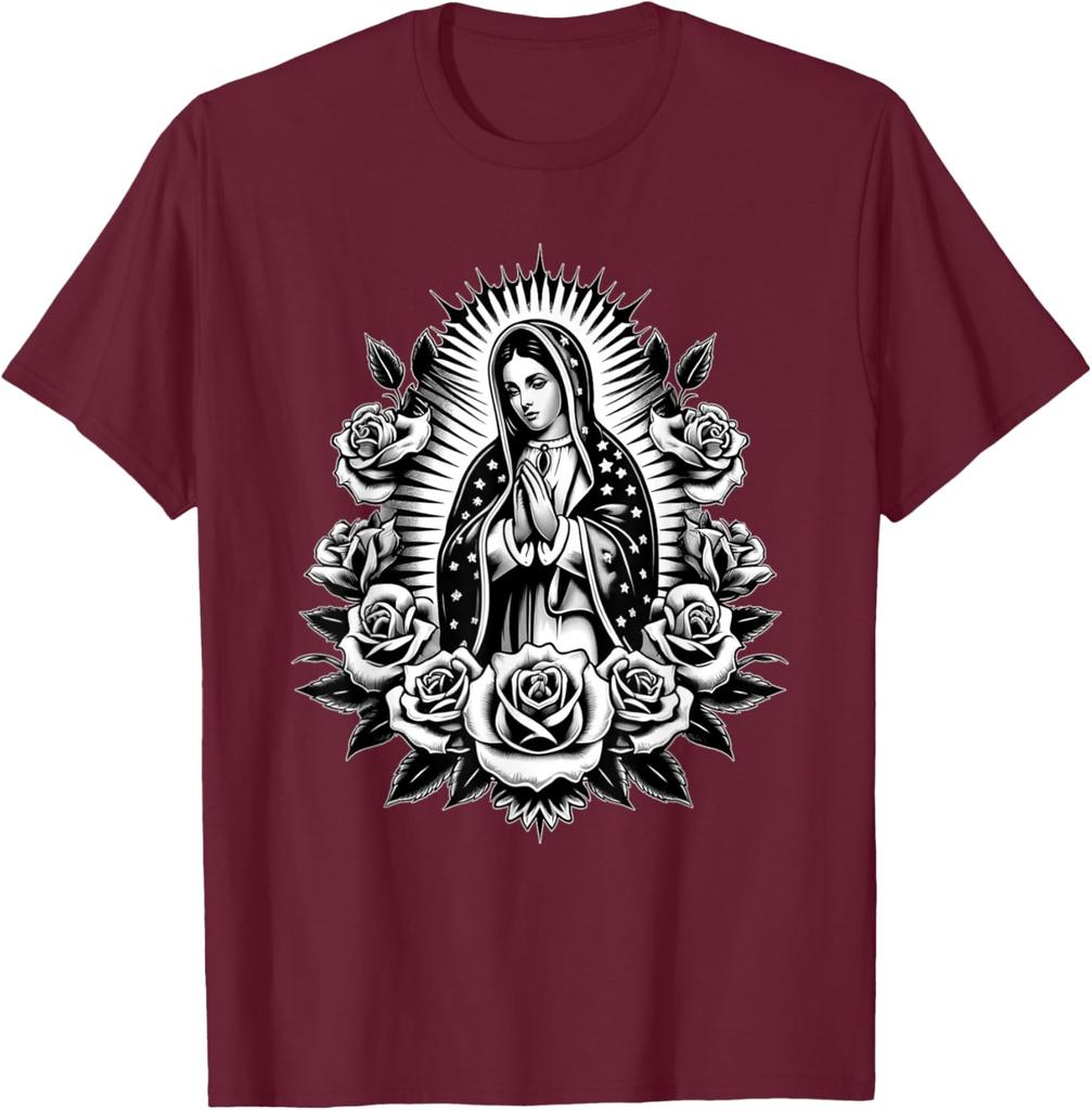 Virgin Mary Guadalupe Roses Graphic T-Shirt Religious Catholic Virginita Floral Print Tee Men Casual