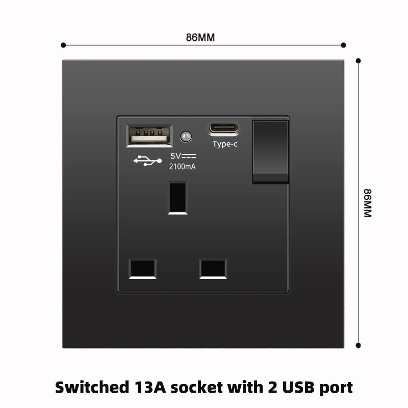 Британская розетка 13А с быстрой зарядкой USB-C, версия для Гонконга и Макао, черная, квадратная, 3 отверстия, панель 86