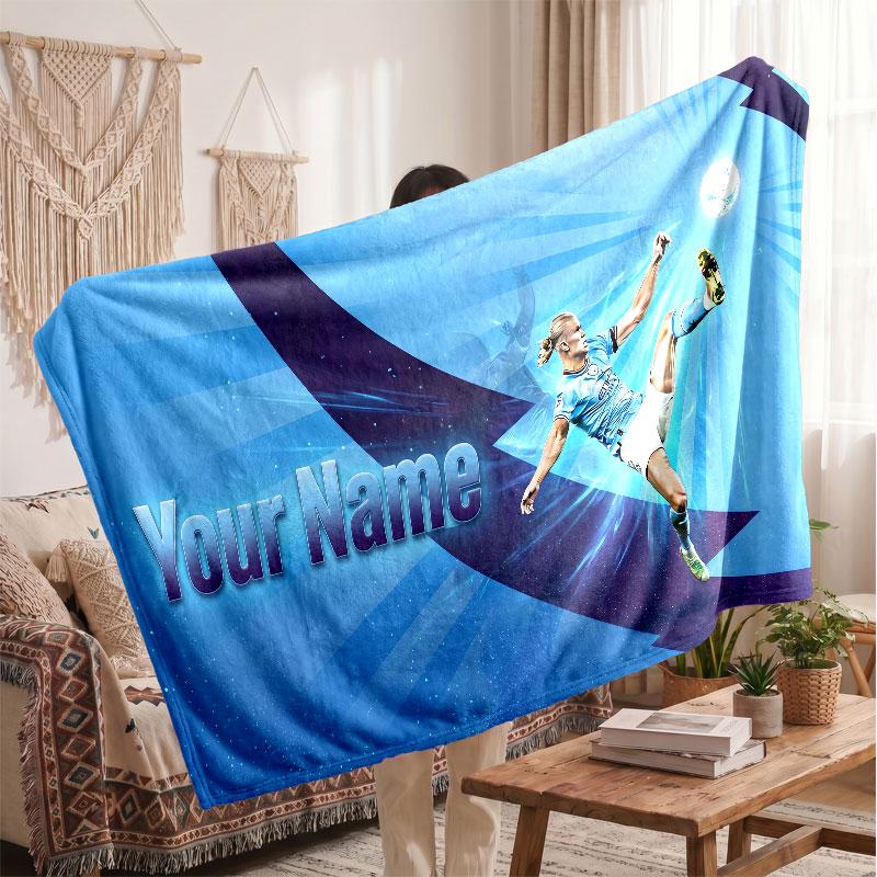Erling Haaland Personalized Fleece Blanket With Football Logo, Custom Name Text Soft Warm Home Throw Blanket