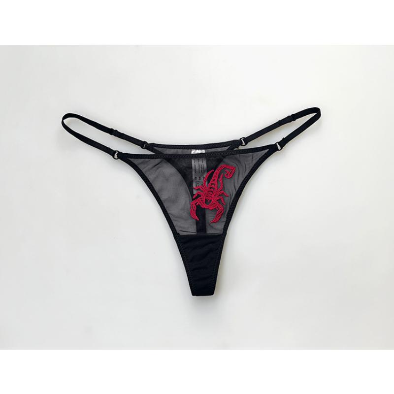 Perspective Mesh with Delicate Cool Scorpion Embroidery Ribbon Thong