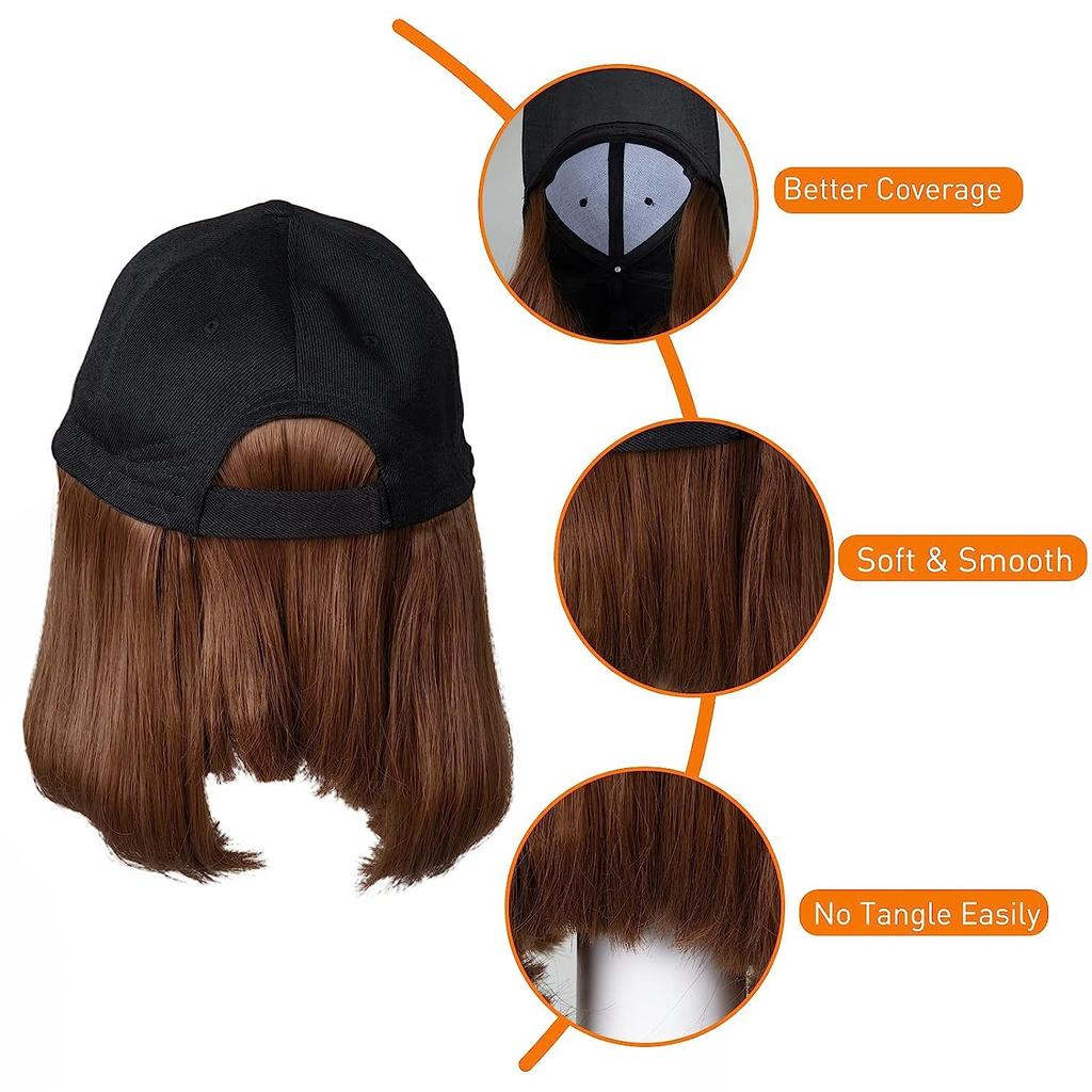 Парики со шляпой, короткий прямой парик из волос боб с бейсбольной шляпой для женщин и девочек, синтетические термостойкие парики из волос с регулируемой шляпой