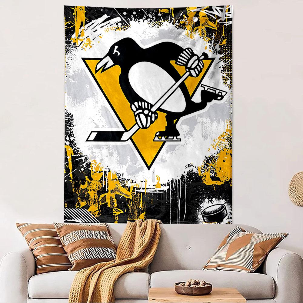 Penguin Hockey Tapestry Wall Hanging, Cute Penguin Stick Graffiti Art, Sports Wall Decor for Bedroom Living Room Dorm