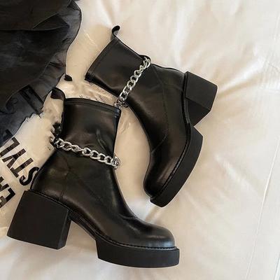 Женские ботильоны, черные короткие туфли для женщин, элегантные ботильоны на платформе со средним каблуком, обувь в стиле панк, массивная армейская обувь из искусственной кожи