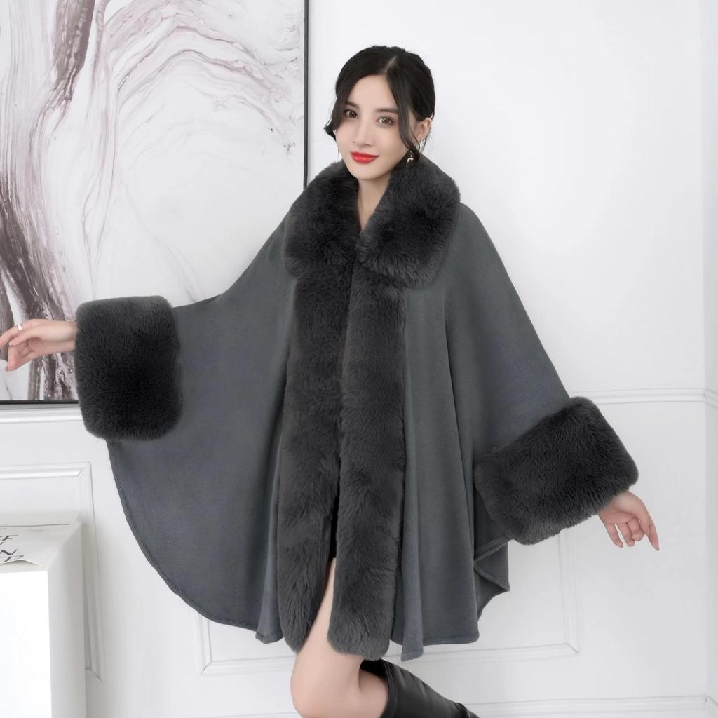 Autumn and Winter Women's Hair Collar Shawl Cape Large Size Knitted Cardigan Loose Jacket