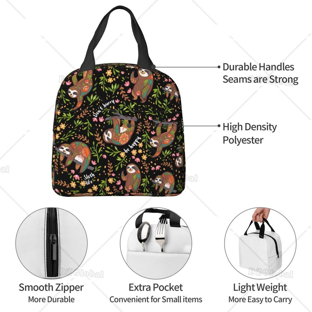 Cute Sloth Insulated Lunch Bag with Front Pocket Reusable Cooler Tote Bag with Zipper for Men Women Thermal Lunch Bento Box