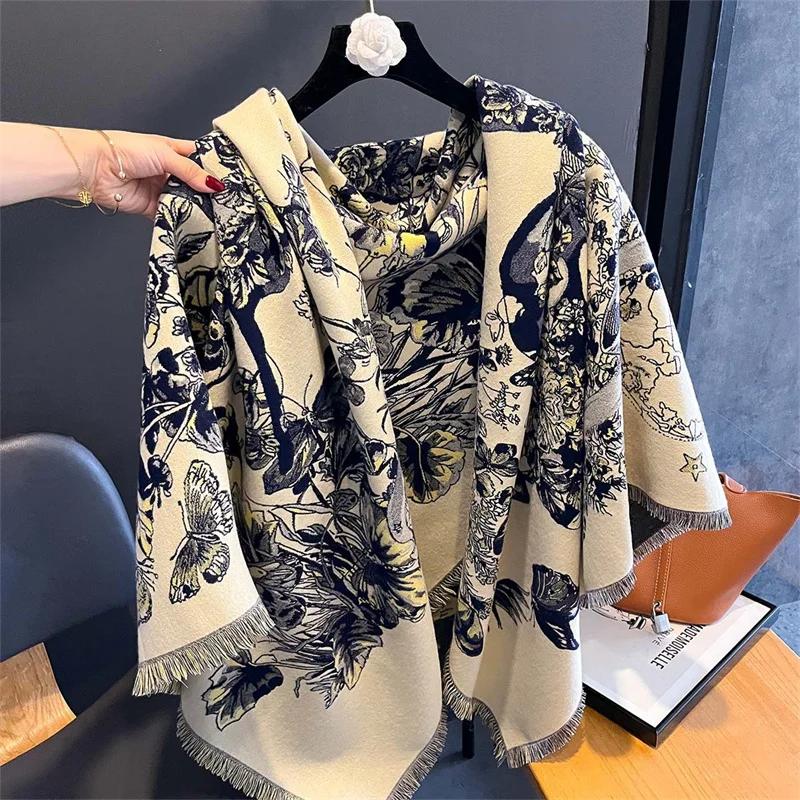 Роскошный бренд кашемировый женский цветочный шарф зимний теплый платок и накидка бандана пашмина женский платок квадратное толстое одеяло пончо