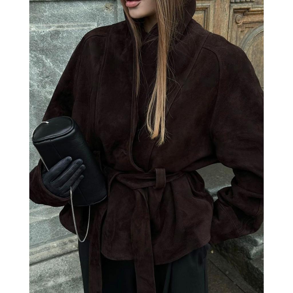 2025 Осень Зима Новая Винтажная Замшевая Куртка с Длинным Рукавом Женская Модная Повседневная Верхняя Одежда