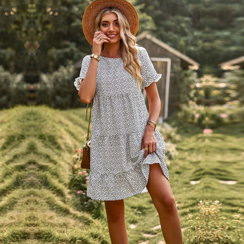 Spring Summer O Neck Short Sleeve Temperament Pastoral A Line Print Dresse