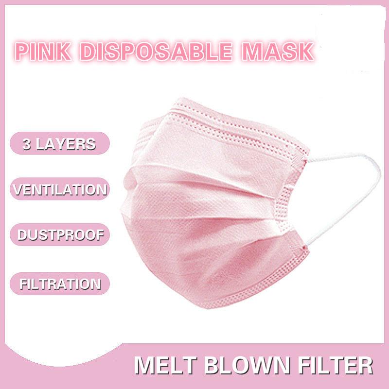 3-layer Pink Mask Face Mouth Masks Non Woven Disposable Anti-dust Masks Earloops Masks
