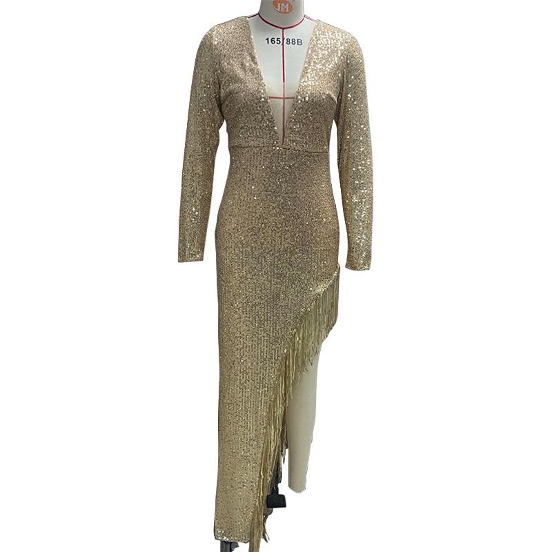 Summer new European and American women's dress, sequined v-neck long-sleeved long dress, sexy asymmetrical dress