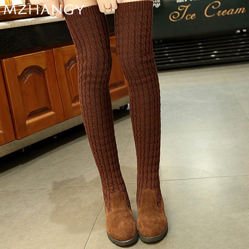 Модные женские туфли на плоской подошве, высокие сапоги, повседневные выше колена, вязаные туфли, женская обувь 2025 года, трендовая зимняя дизайнерская обувь, удобные сапоги-носки Mujer Botas