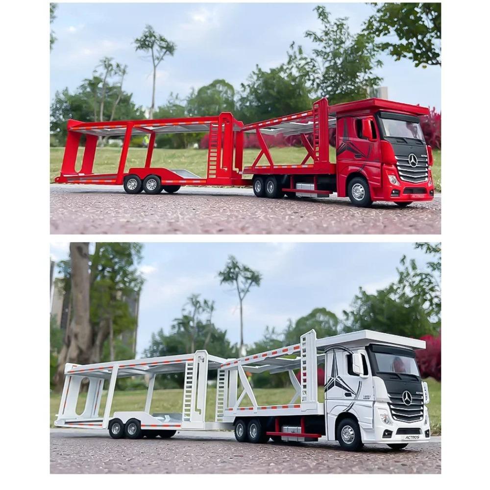 1/24 Mercedes Benz Double Decker Flatbed Transport Vehicle Alloy Diecast Metal Car Model Sound and Light Science Education Series