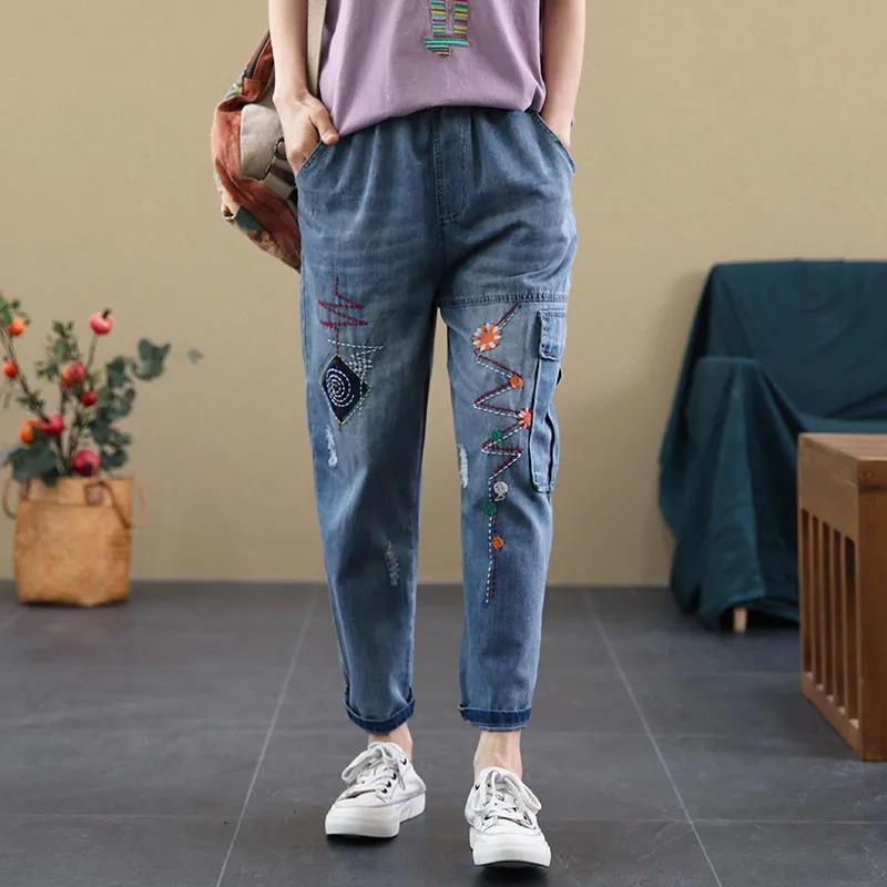 Женские ретро джинсы с вышивкой, рваные, с эластичной талией - зауженный гаремный стиль для весны и осени (Тенденция 2025 года)
