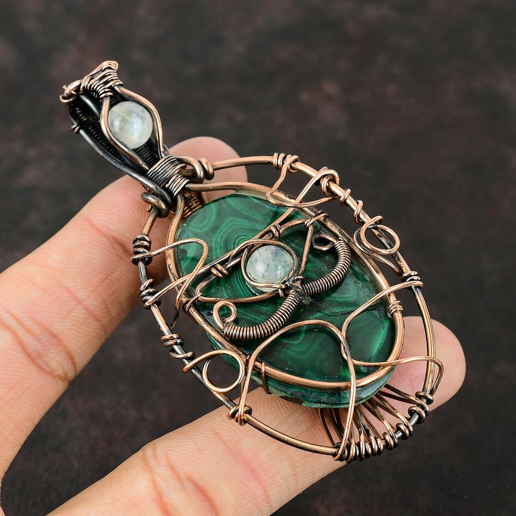 Evil Eye Malachite Copper Pendant Copper Wire Wrapped Pendant Evil Eye Jewelry Rainbow Moonstone Jewelry For Gifts Handmade Gemstone Pendant