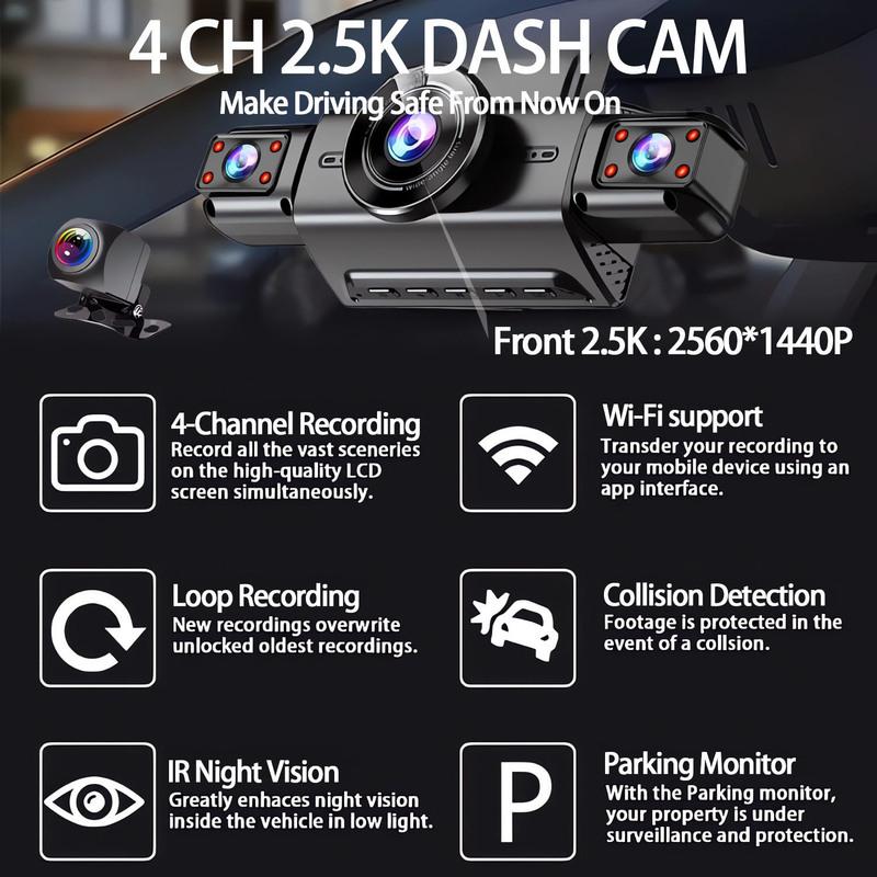 4-Channel 360 Degree Dash Cam For Cars WIFI APP Car DVR 2.5K 2560*1440P 4 Camera Lens Video Driver Recorder Rear View Camera