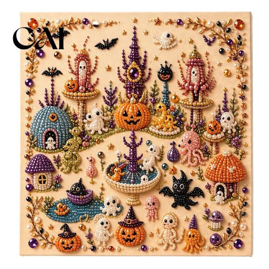 Faux Pearl Art Set Halloween DIY Kit, 3D Bead Embroidery Craft Set, Spooky Unique Home Decor Ghost Goat Witch Wall Art, Seasonal for Adults, Beginners