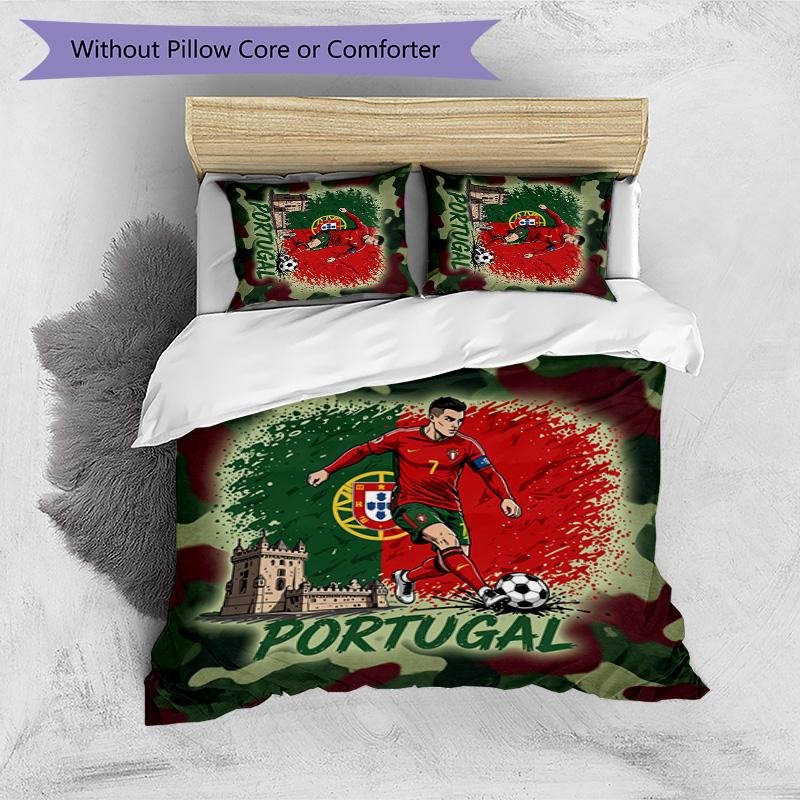Portugal Football Printed Bedding 3 Piece Set Cozy Breathable Bed Cover Set as Housewarming Holiday Gift