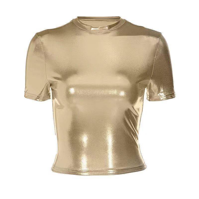 Женская весенняя новая модная металлическая круглая горловина с коротким рукавом обтягивающая футболка топ